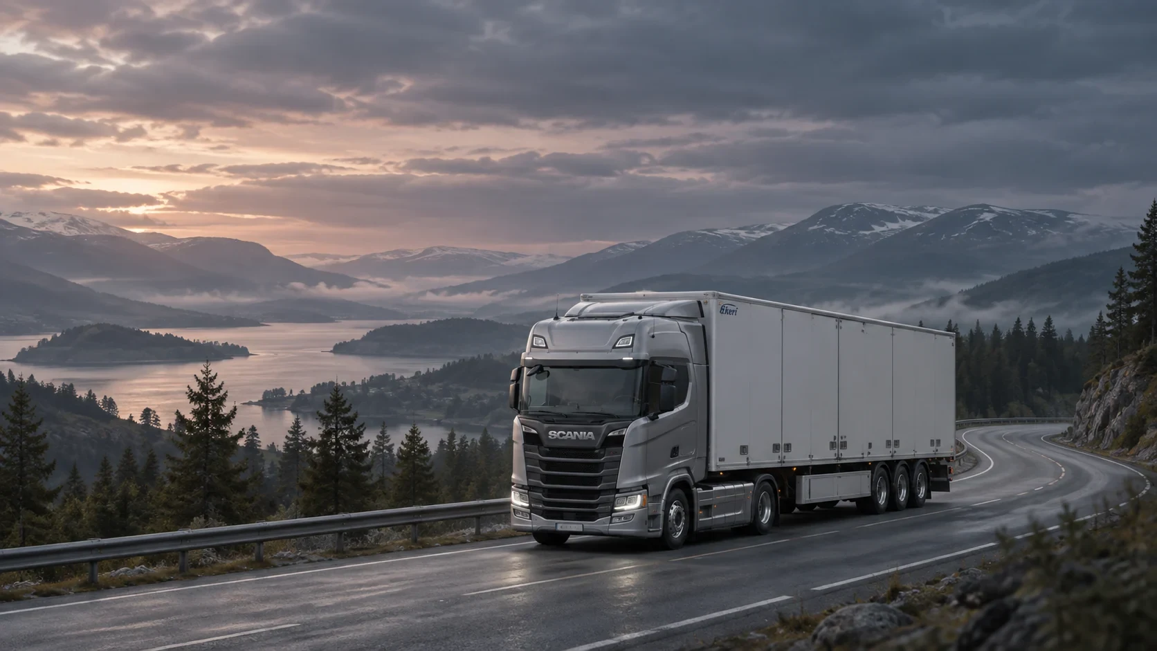 Un Scania et sa semi-remorque Ekeri sur une route dominant un lac et des montagnes, à l’aube. Visuel généré.